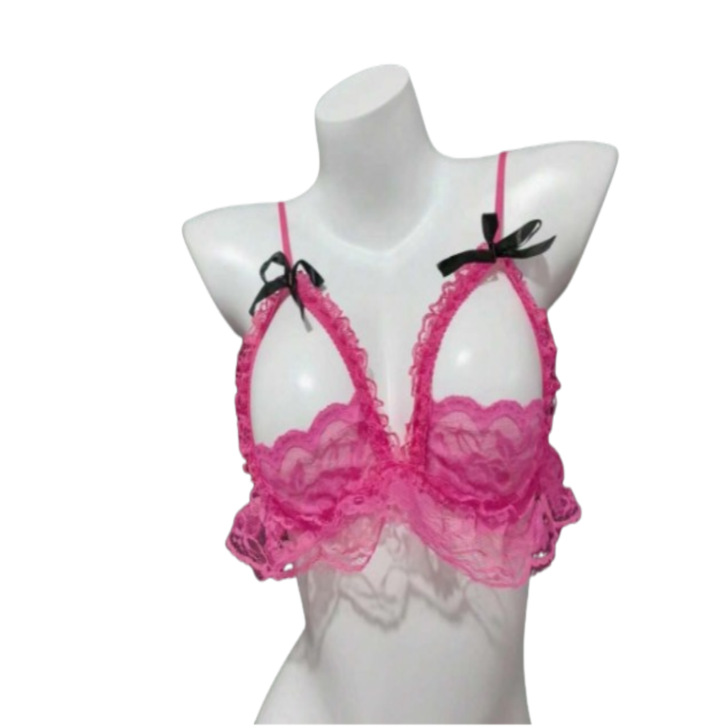 Coordinado Sexy De Encaje, Brassiere Hueco, Rosa Pastel