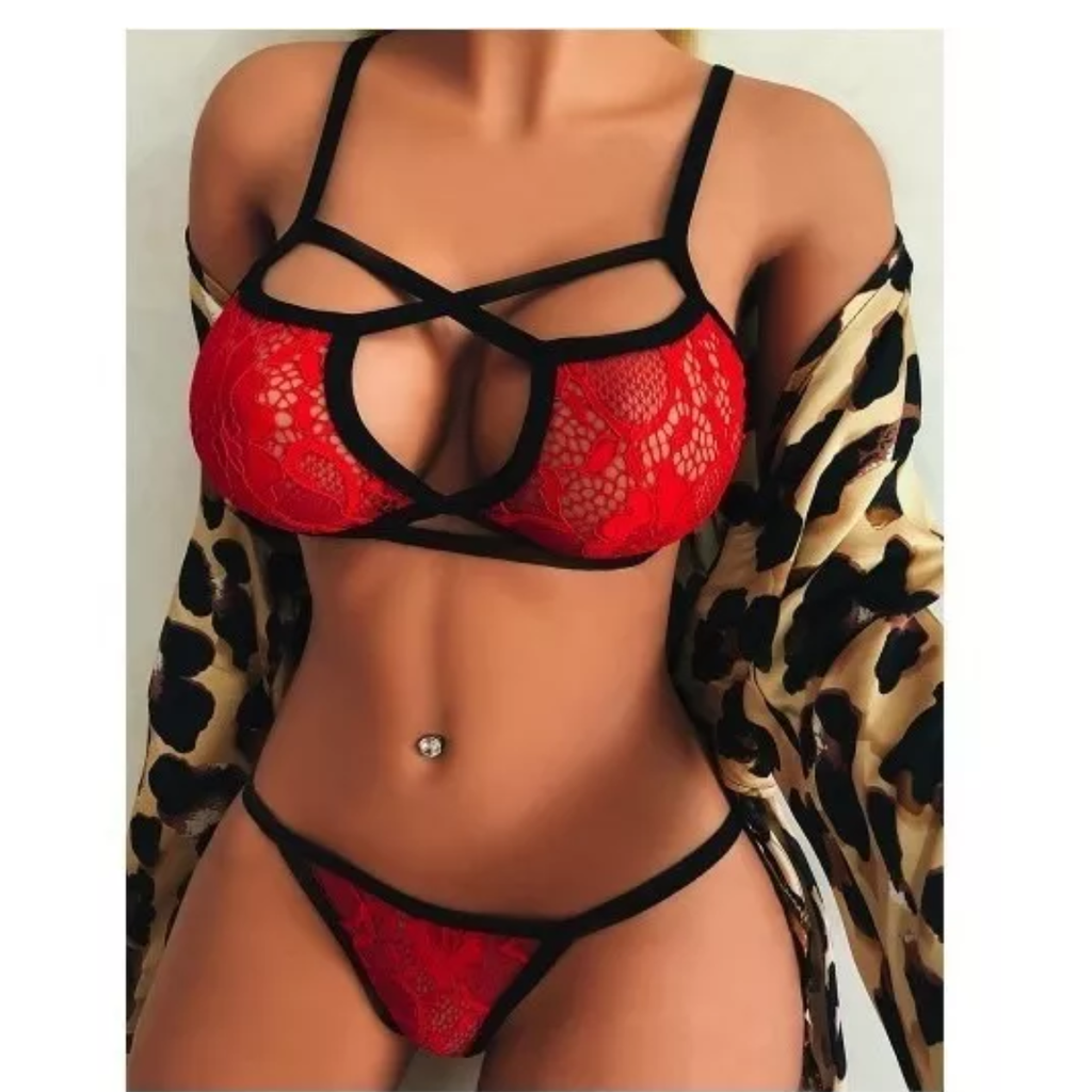 Coordinado Lencería Encaje De Malla Floral Para Mujer Rojo