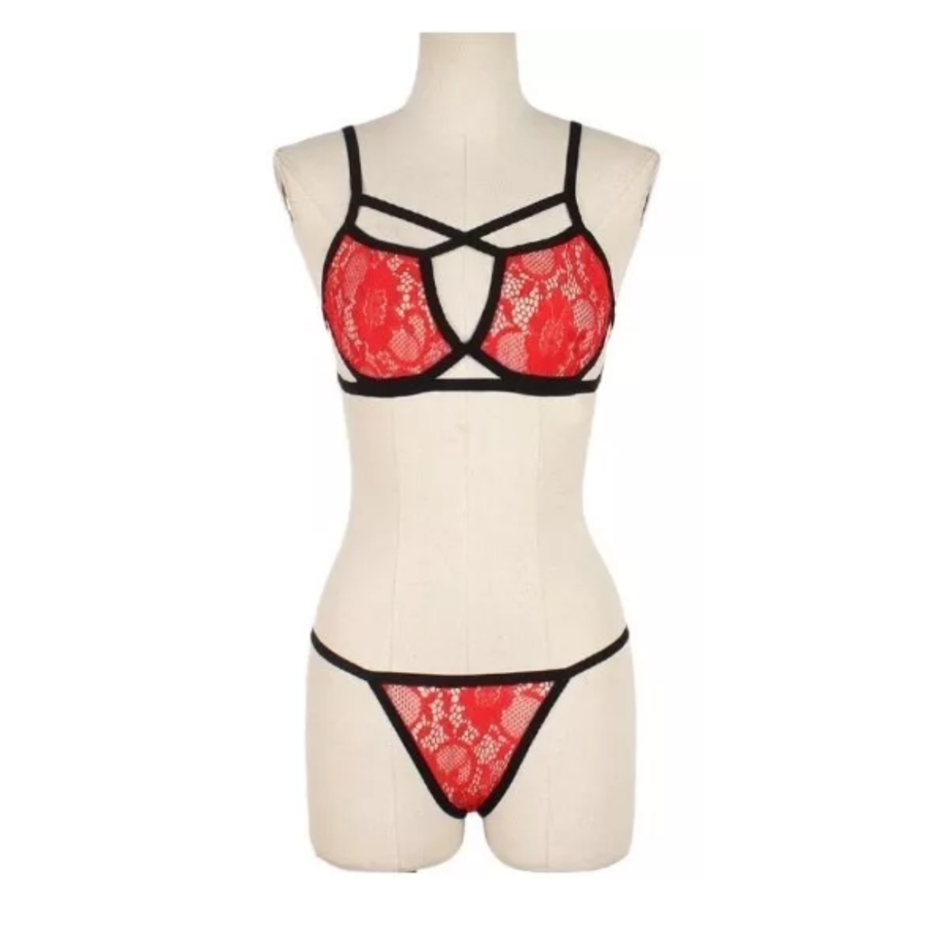 Coordinado Lencería Encaje De Malla Floral Para Mujer Rojo