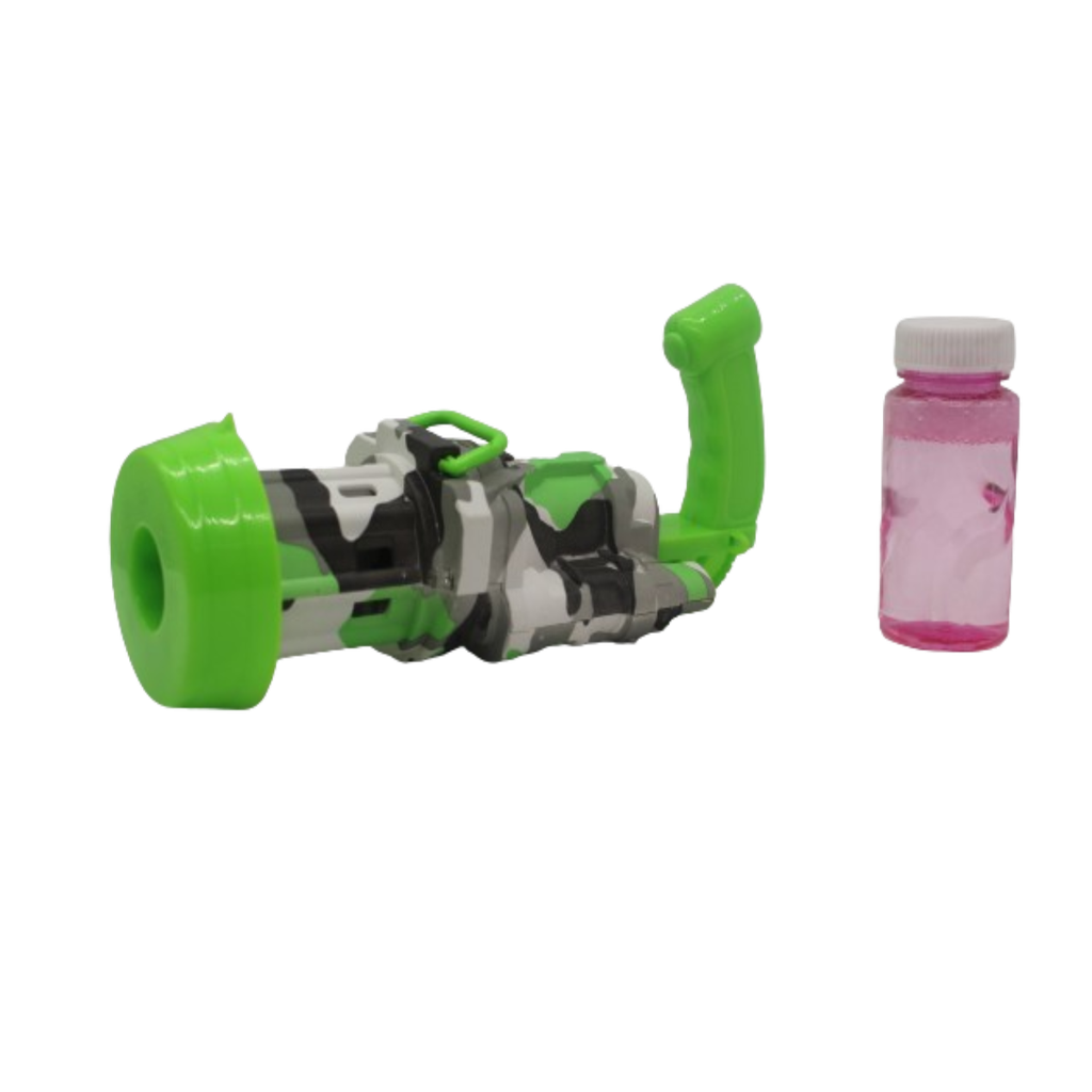 Pistola Burbujas Gatling Pilas Maquina Gun Bubble Juguete Verde Soldado