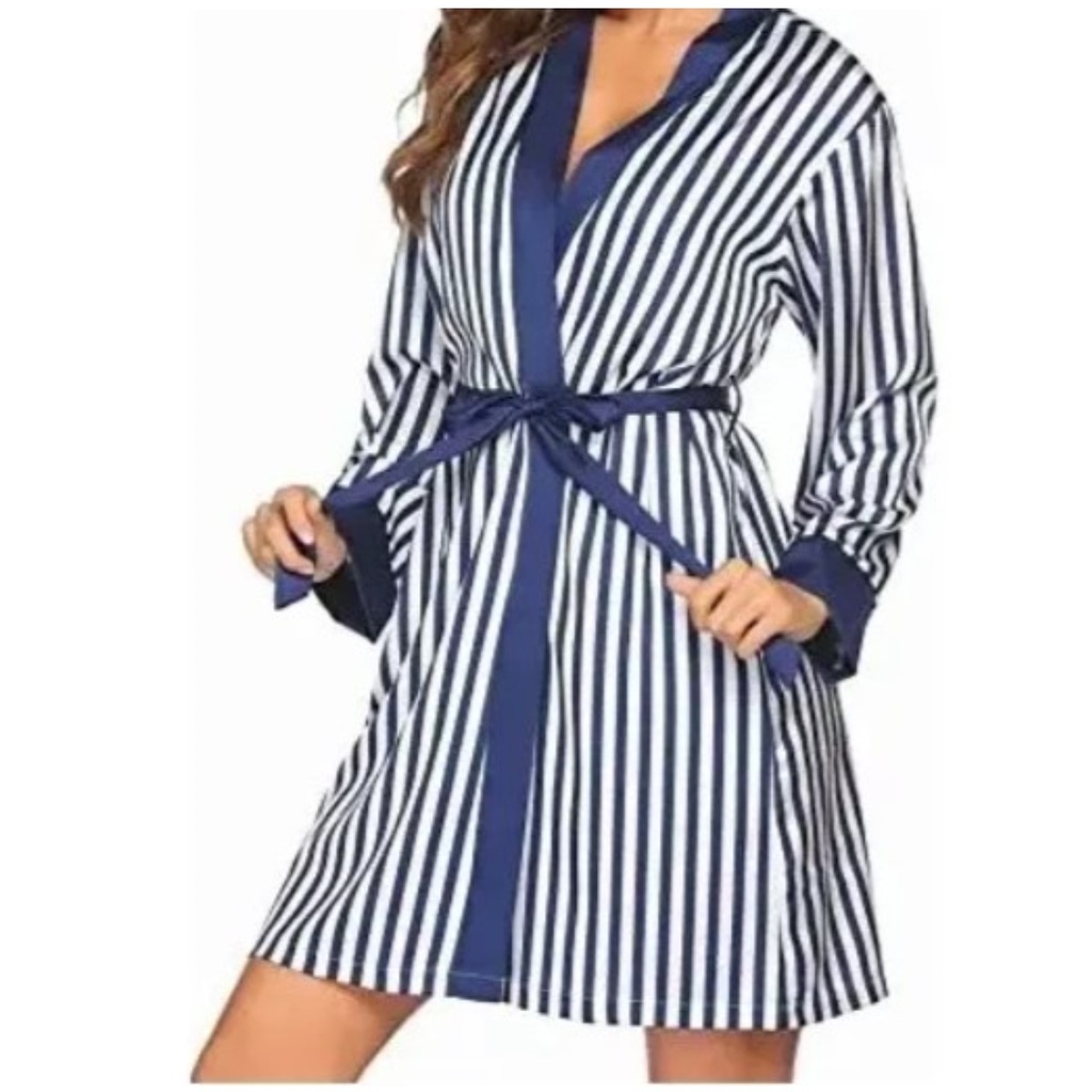 Coordinado Conjunto Pijama Rayas Azul Con Blanco