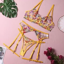 Liguero Lenceria Sexy Bordado Floral Transparente Amarillo