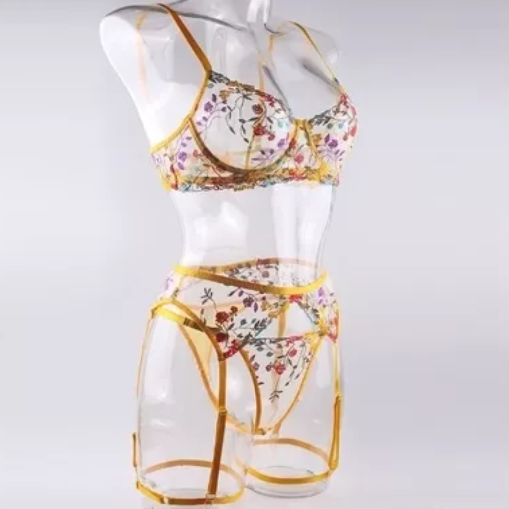Liguero Lenceria Sexy Bordado Floral Transparente Amarillo