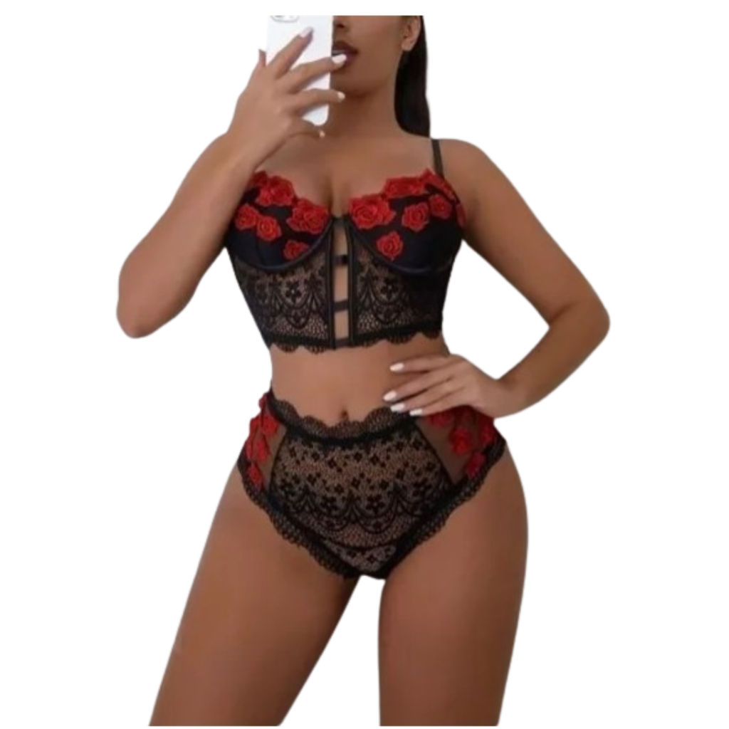 Coordinado Lencería Muy Cómodo Estampado Rosas Super Sexy