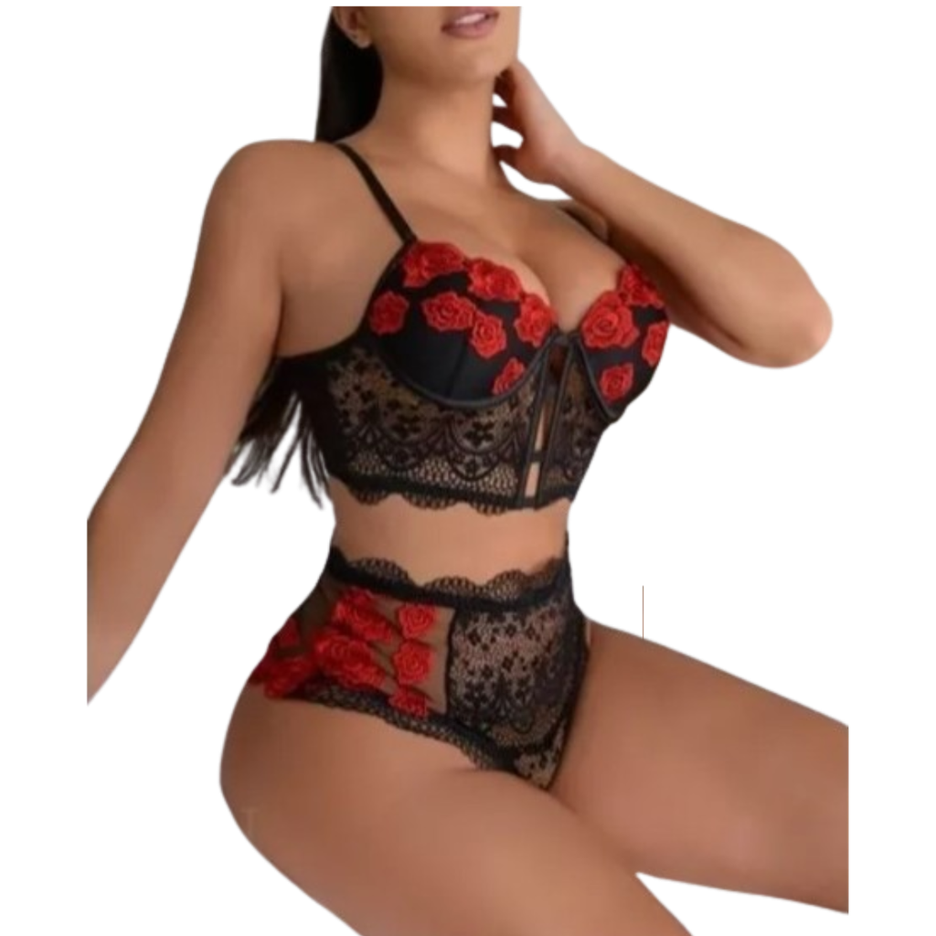 Coordinado Lencería Muy Cómodo Estampado Rosas Super Sexy