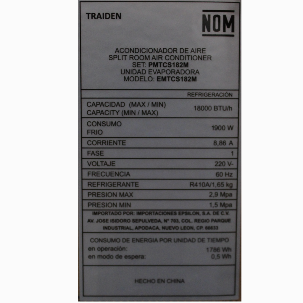 Minisplit Traiden Standard 18K BTU 220 V Solo Frío Con Wifi