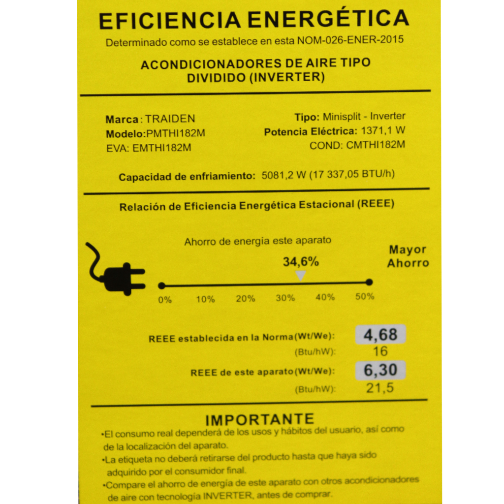 Minisplit Traiden Inverter 18K BTU 220V Solo Frío Con Wifi