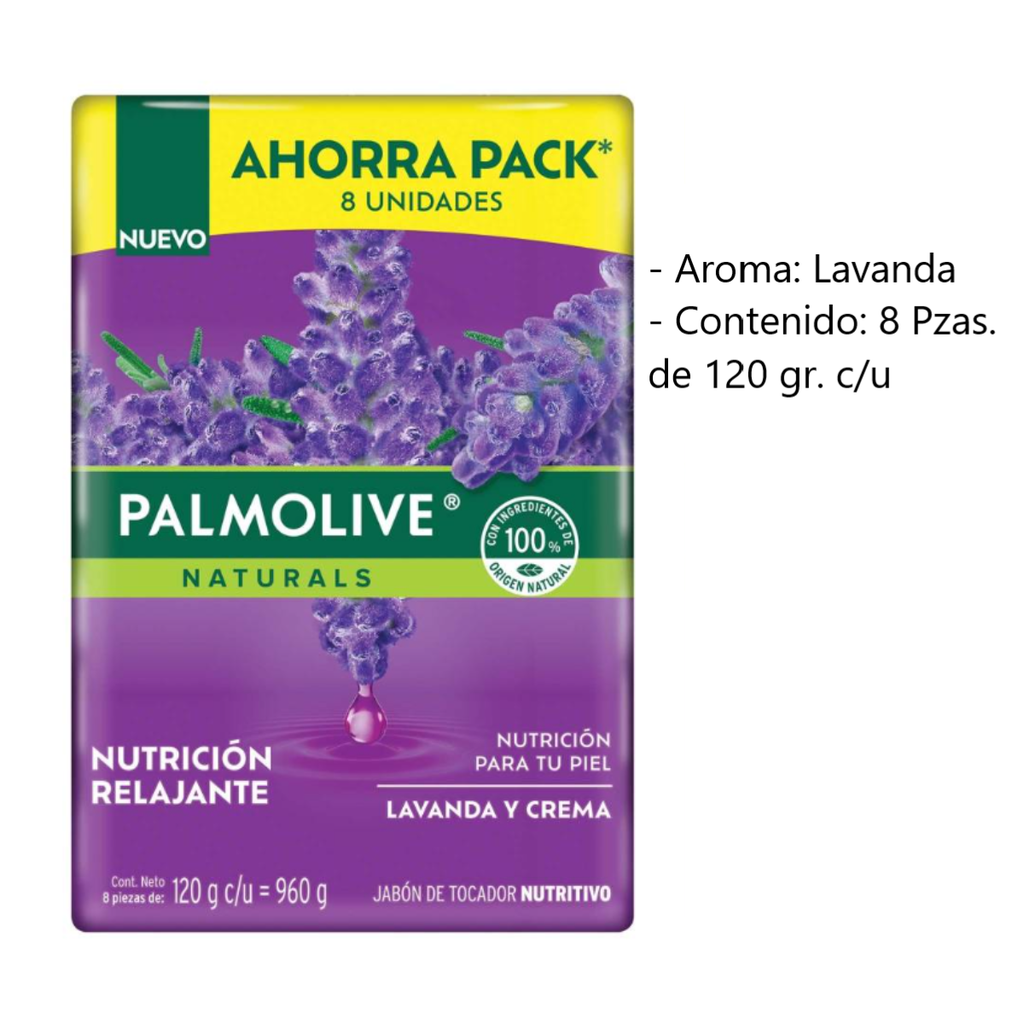 Jabón en Barra Palmolive Naturals Lavanda y Crema 8 pzas de 120 g Drop