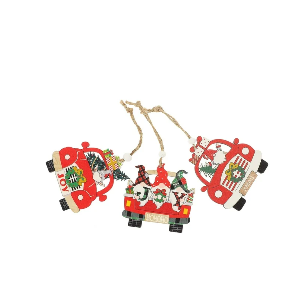 Colgante De Gnomos En Carritos Navideños De Madera 3 Piezas