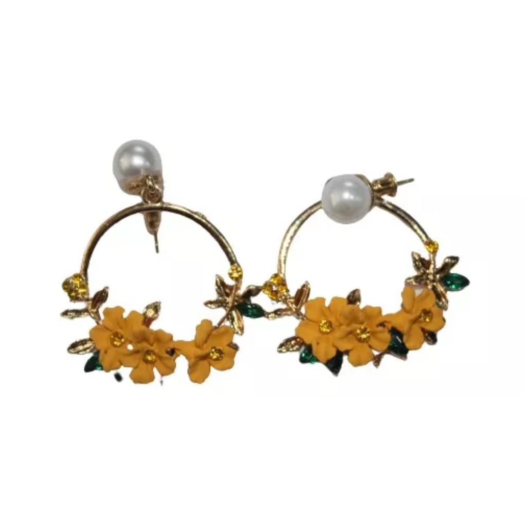 Aretes De Flores Amarillas Con Perla Acero Inoxidable