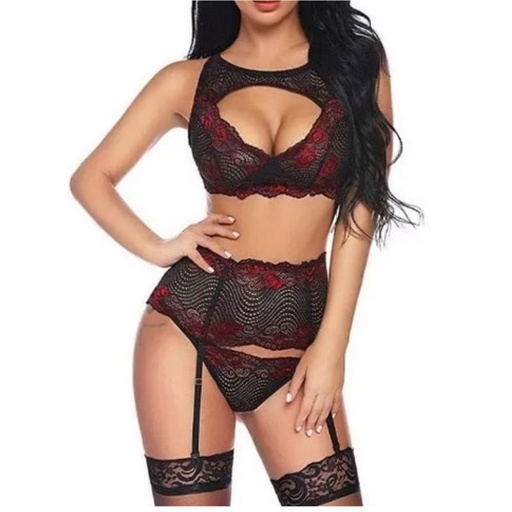 Liguero Lencería Estampado Floral Rojo Con Tanga