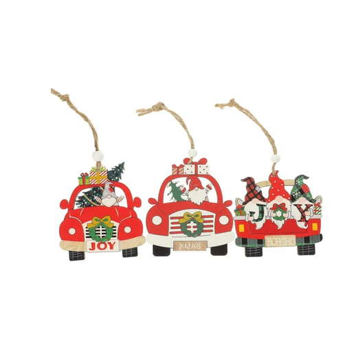[GNM-3P] Colgante De Gnomos En Carritos Navideños De Madera 3 Piezas