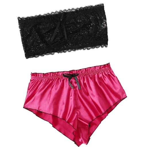 Coordinado Pijama Encaje Trasparente Sin Tirantes Short Rosa