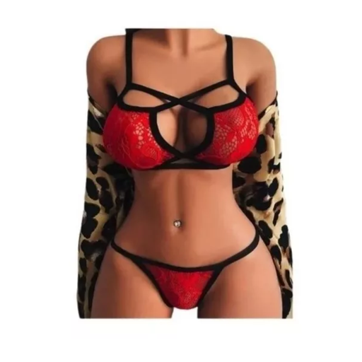 Coordinado Lencería Encaje De Malla Floral Para Mujer Rojo
