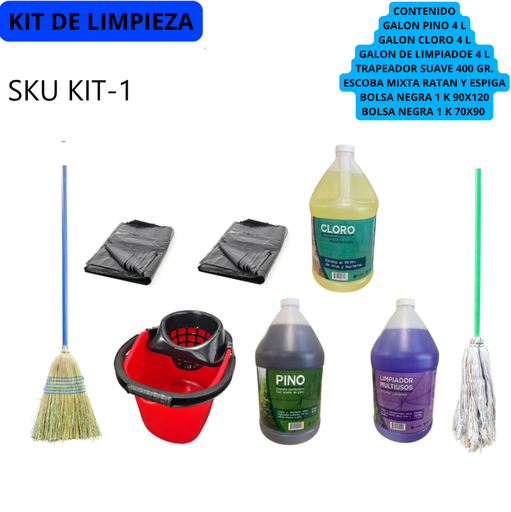 [KIT-1] Kit De Limpieza Trapeador, Escoba, Cloro, Fabuloso, Pino, Cubeta Con Exprimidor 2 k Bolsa Negra