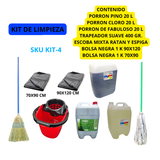[KIT-4] KIT DE PORRONES CLORO, PINO, FABULOSO, CUBETA CON EXPRIMIDOR 2 K BOLSA NEGRA