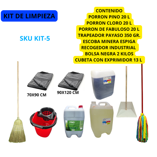 [KIT-5] KIT DE LIMPIEZA PORRON CLORO, PINO, FABULOSO, CUBETA CON EXPRIMIDOR, 2 KILOS BOLSA NEGRA RECOGEDOR